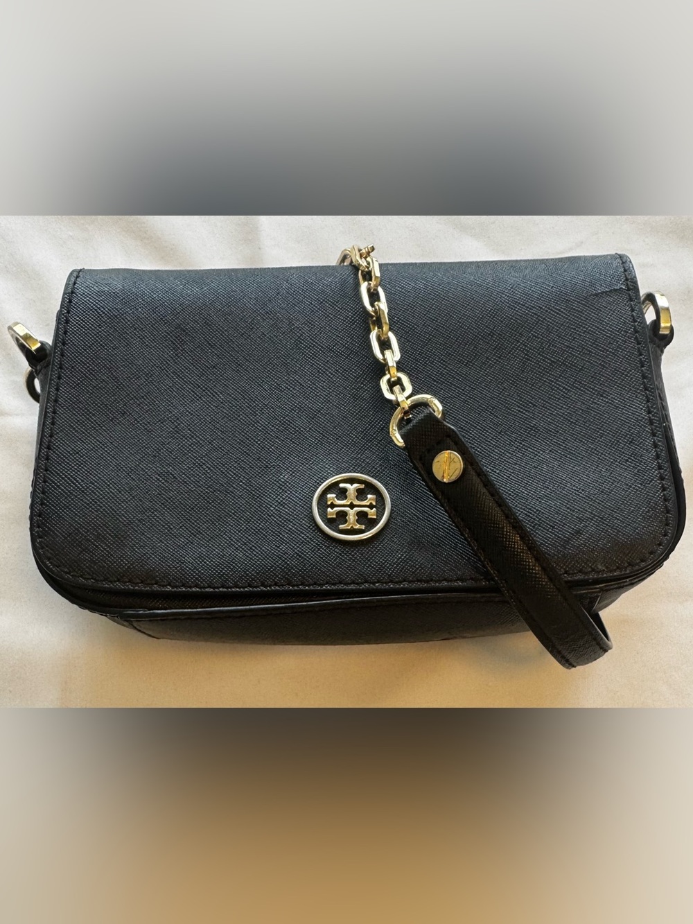Tory Burch Black Saffiano Leather Crossbody Bag Gold Chain Strap